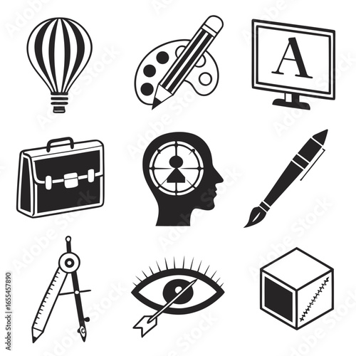 Collection of nine black and white icons representing creativity business and vision