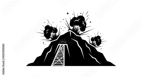 mountain mine explosion dramatic black and white illustration of a mine shaft entrance with explosions ideal for mining danger and risk communication