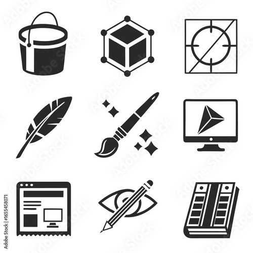 Collection of nine graphic design and creative process icons including a paint bucket 3d cube crosshair feather paintbrush computer screen web page eye with pencil and color swatch book