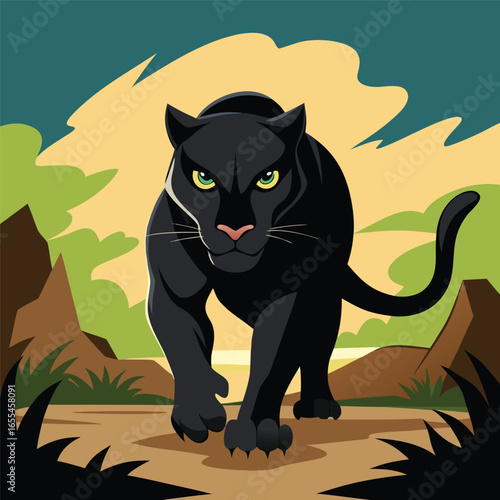 A powerful black panther with piercing yellow eyes stalks forward through a stylized jungle landscape with dramatic clouds and rocky terrain creating an intense and captivating scene