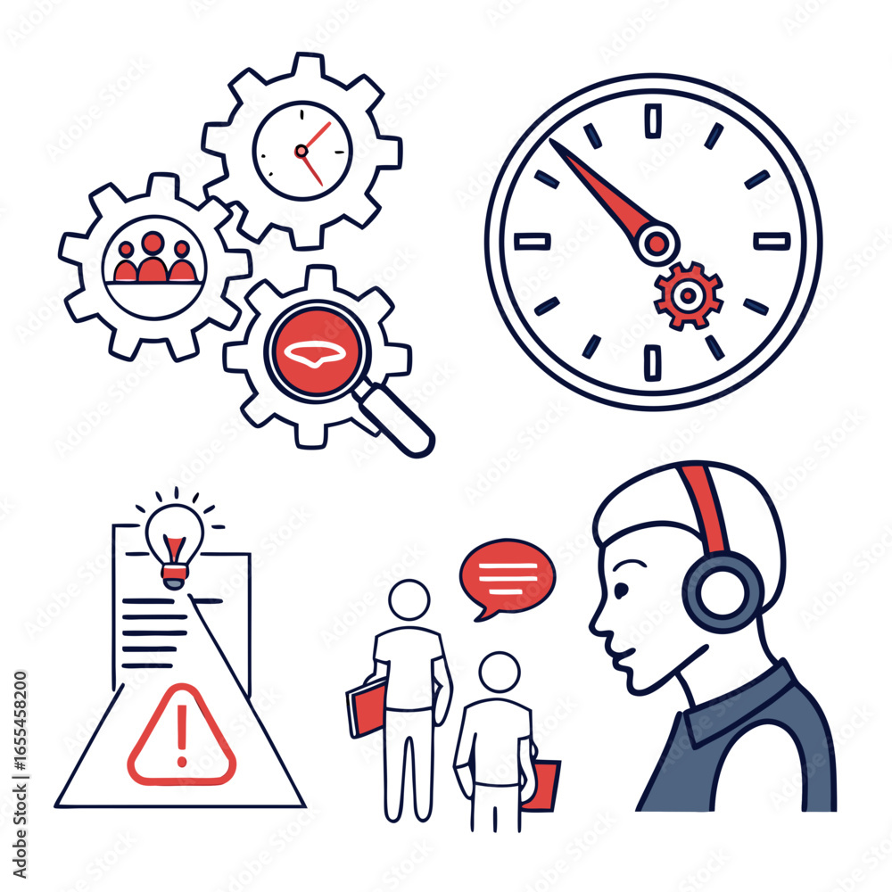 Fototapeta premium Business process optimization and customer service icons with gears clock and people interacting