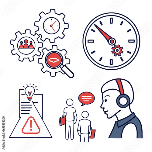 Business process optimization and customer service icons with gears clock and people interacting