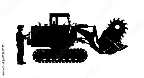 industrial strength technician prepares powerful track excavator with rotating cutting head for demanding construction or demolition projects
