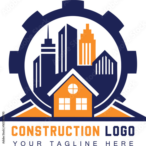 Modern construction company logo featuring a gear enclosing cityscape and house with text placeholder for tagline