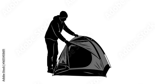 setting up camp silhouette of person pitching a dome tent perfect for outdoor adventure camping and travel blogs