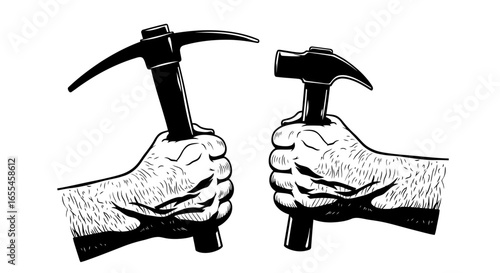 powerful hands gripping pickaxe and hammer construction labor diy and handyman project imagery for websites blogs and marketing materials