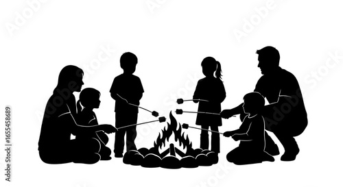 family campfire night silhouette illustration of parents and children roasting marshmallows perfect for storytelling websites and familyoriented designs