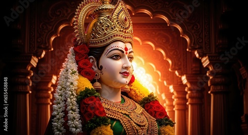 Wallpaper Mural Durga with trident on lion in ancient temple, warm lighting Torontodigital.ca