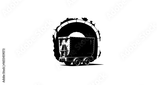 mine cart emerging from tunnel a striking black and white illustration perfect for mining industry and resource extraction branding