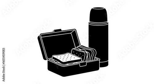 packed lunch black and white icon of lunchbox sandwiches and thermos for school work or travel