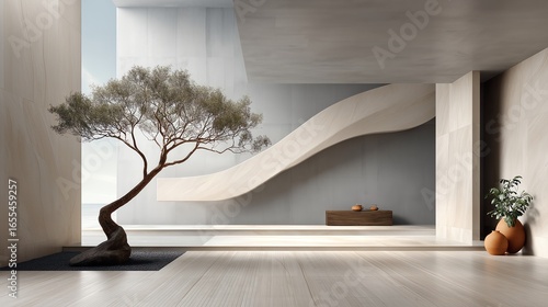 Luxurious minimal Zen garden interior with concrete walls and a single tree, emphasizing negative space