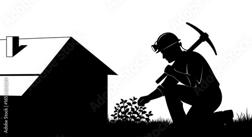 miner tending to garden near home black and white silhouette illustrating homeownership hard work and the value of a peaceful life
