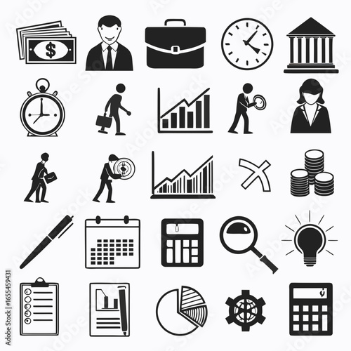 Collection of business and finance icons including money people graphs clocks and office supplies