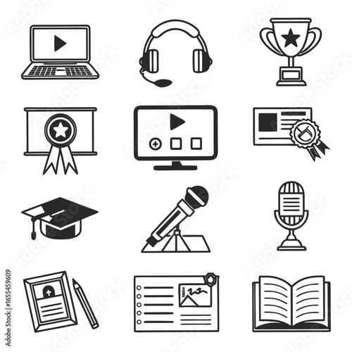 Collection of educational and achievement icons including a laptop headphones trophy certificate computer graduation cap microphones and an open book