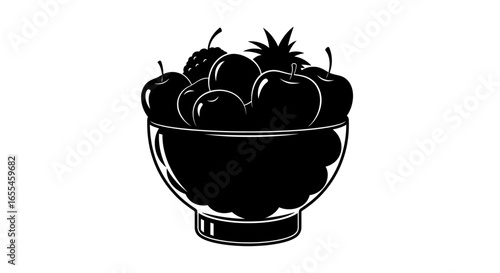 silhouette of a glass bowl overflowing with fresh fruit apples pineapple and berries perfect for healthy eating menu design or wellness branding