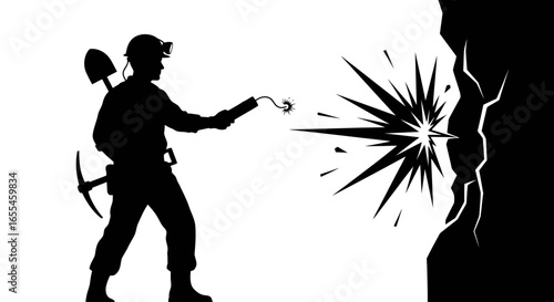 miner igniting dynamite powerful silhouette illustrating resource extraction industrial labor and explosive power for mining construction and energy industry designs