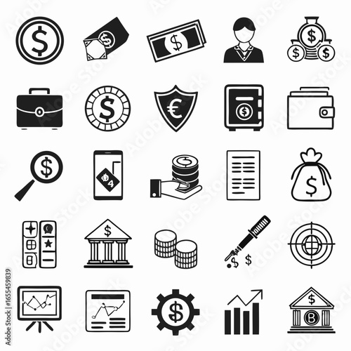 Collection of financial and business icons representing money banking investment and economic growth
