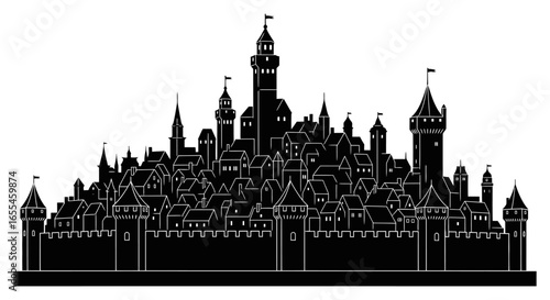 medieval city silhouette enhance your game book or website design with this striking black and white castle town illustration