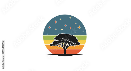 retro sunset tree silhouette peaceful nature logo design for ecofriendly brands websites and app interfaces