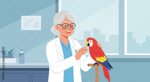 Veterinarian Examining a Colorful Scarlet Macaw Parrot.