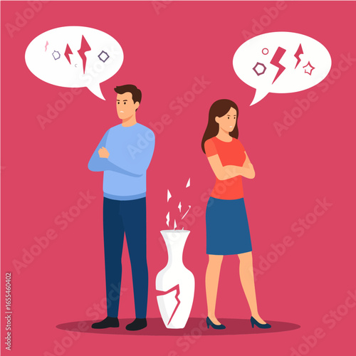 Arguing couple with crossed arms, white broken vase, and speech bubbles filled with angry symbols, suggesting conflict and relationship problems.