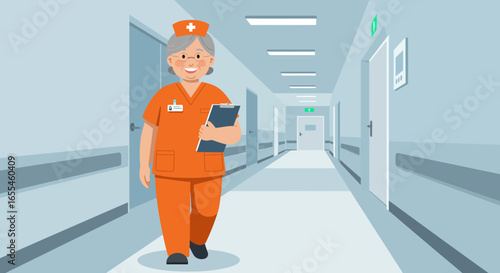 Smiling Nurse Walking Down Hospital Corridor Holding Clipboard.
