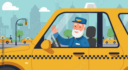Cheerful Taxi Driver Waving from Yellow Cab.