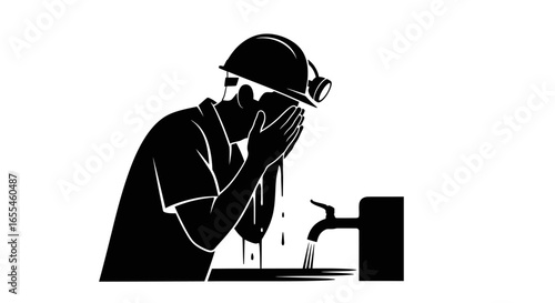 miner washing face at water tap safety hygiene and industrial sanitation icon