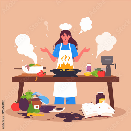 Chef with a troubled expression, wearing a white hat and apron, cooking food on a messy kitchen table, with smoke and steam emanating from the frying pan.