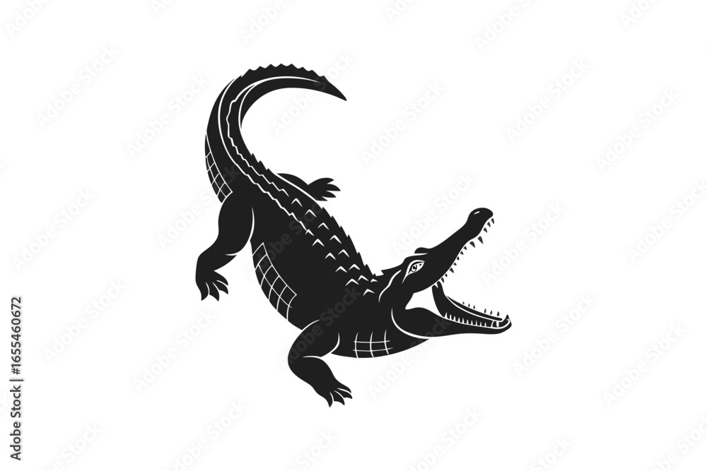 Obraz premium Black silhouette of an alligator in motion isolated on white background