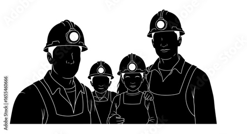 mining family portrait silhouette illustration for safety heritage and industry websites