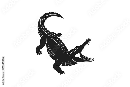 Black silhouette of an alligator in motion isolated on white background