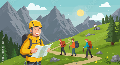 Smiling Hiker with Map and Backpack on Mountain Trail.