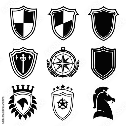 Collection of nine black and white heraldic crests and emblems including shields a compass rose and a knight s head