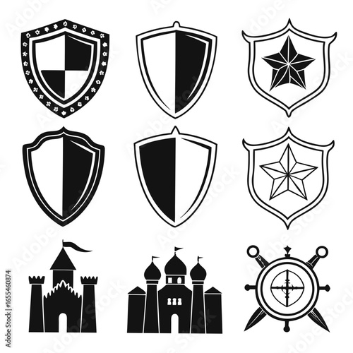 Collection of black and white heraldic shields castles and nautical symbols on white background
