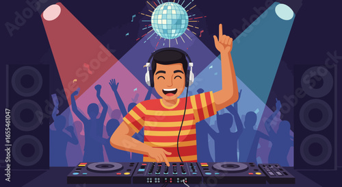 Cheerful DJ Mixing Music at a Nightclub Event.