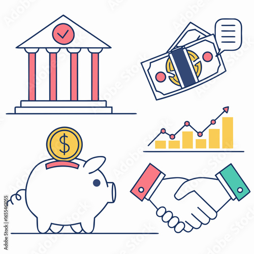 Financial icons representing banking savings investment growth and business partnership with a clean modern line art style