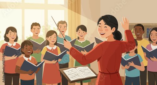 Cheerful Choir Director Leading Group of Singers.