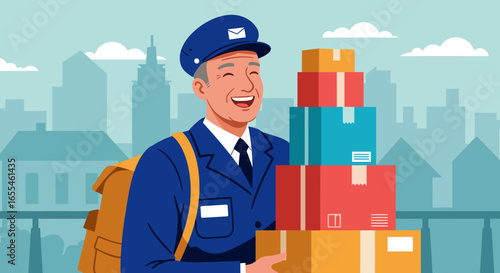 Smiling Mailman Delivering Packages in City Setting.