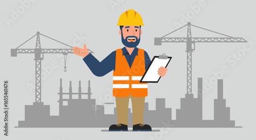 Construction Worker with Clipboard and Safety Vest.