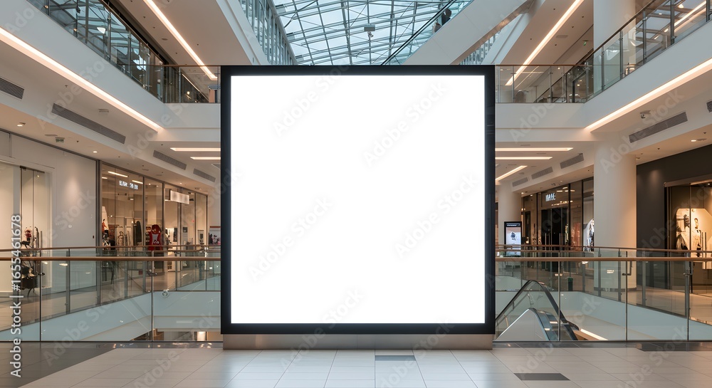 Fototapeta premium A large blank internally lit billboard stands in a modern shopping mall with glass railings and stores on multiple levels