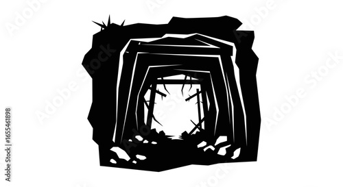 collapsed mine entrance a black and white illustration perfect for game design horror or apocalyptic themes
