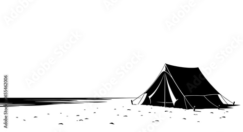 solitude by the sea a black and white illustration of a tent on a deserted beach perfect for travel adventure and minimalist designs