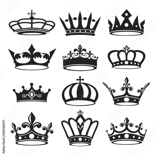 Collection of royal crowns and tiaras in black silhouette style on white background