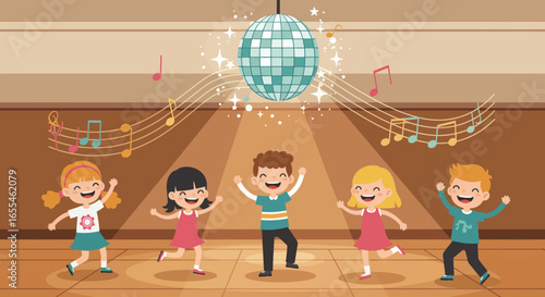 Cheerful Children Dancing Under Disco Ball Lights.