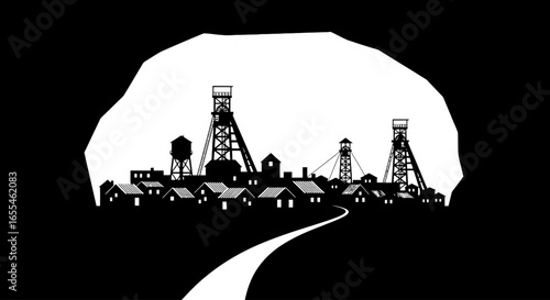 mining town silhouette dramatic black and white illustration of a coal mining community perfect for industry history or environmental projects