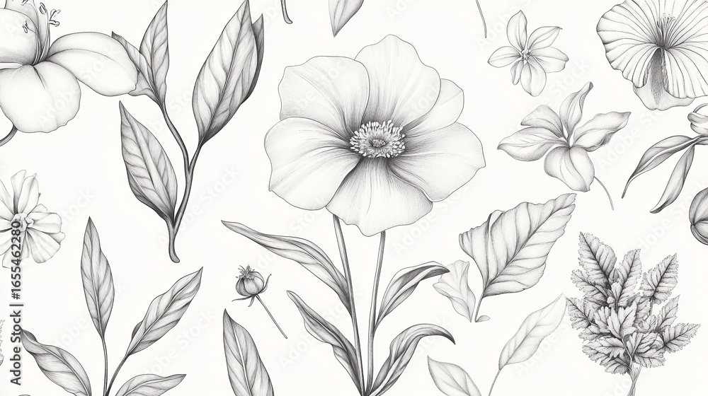 custom made wallpaper toronto digitalHand-Drawn Botanical Illustration of Flowers and Plants with Fine Linework and Shading in Black and White