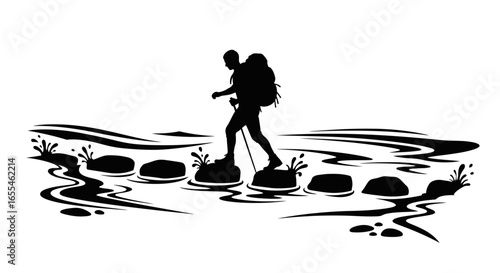 overcome obstacles silhouette of a determined hiker crossing a rocky stream symbolizing resilience and the journey to success