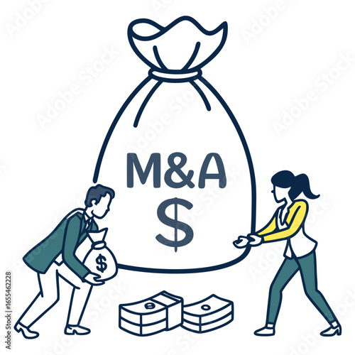 Business partners negotiating a merger and acquisition deal with a large bag of money and cash