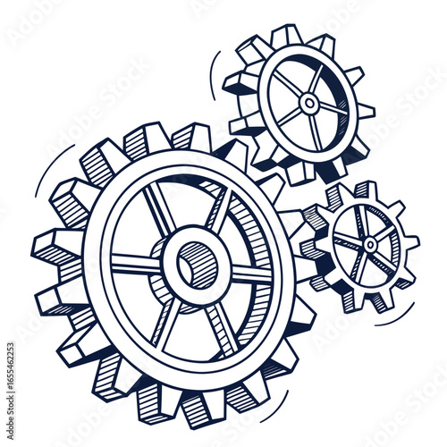Three interlocking gears drawn in a simple bold hand drawn style with a dark blue outline on a white background